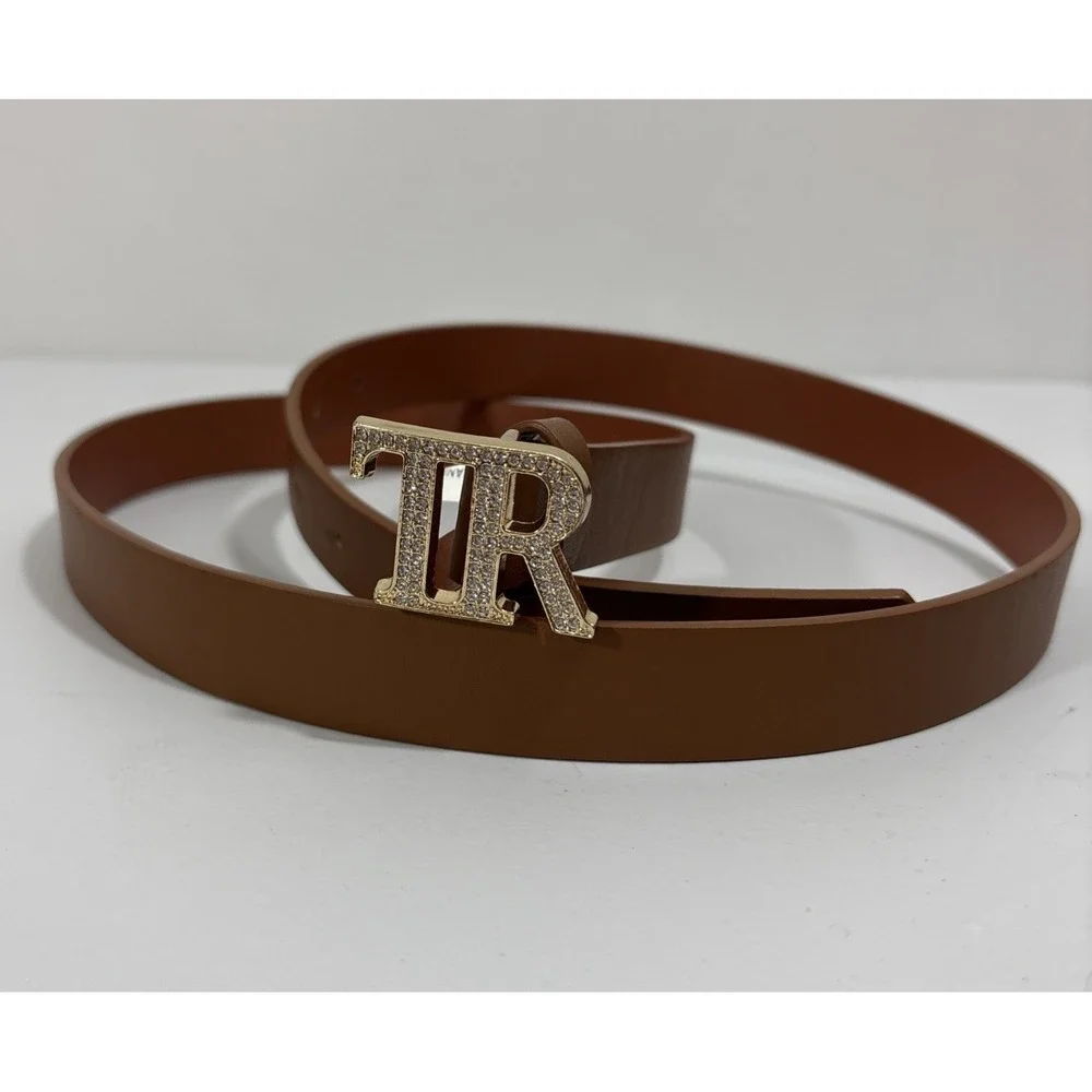 True Religion Women's 1X Plus Cognac‎ Brown Monogram Buckle Rhinestone Belt